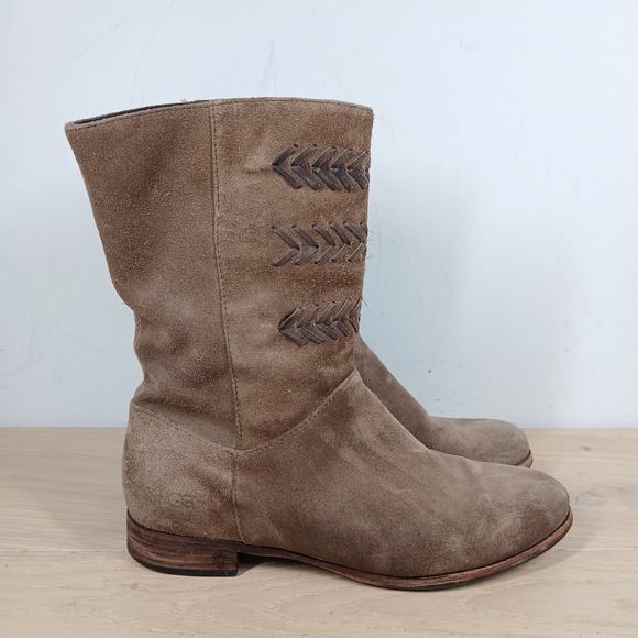 UGG Tan Leather Mid Calf Boots Womens 8.5 Embroidered Stitch Low Heel Winter - Picture 5 of 10